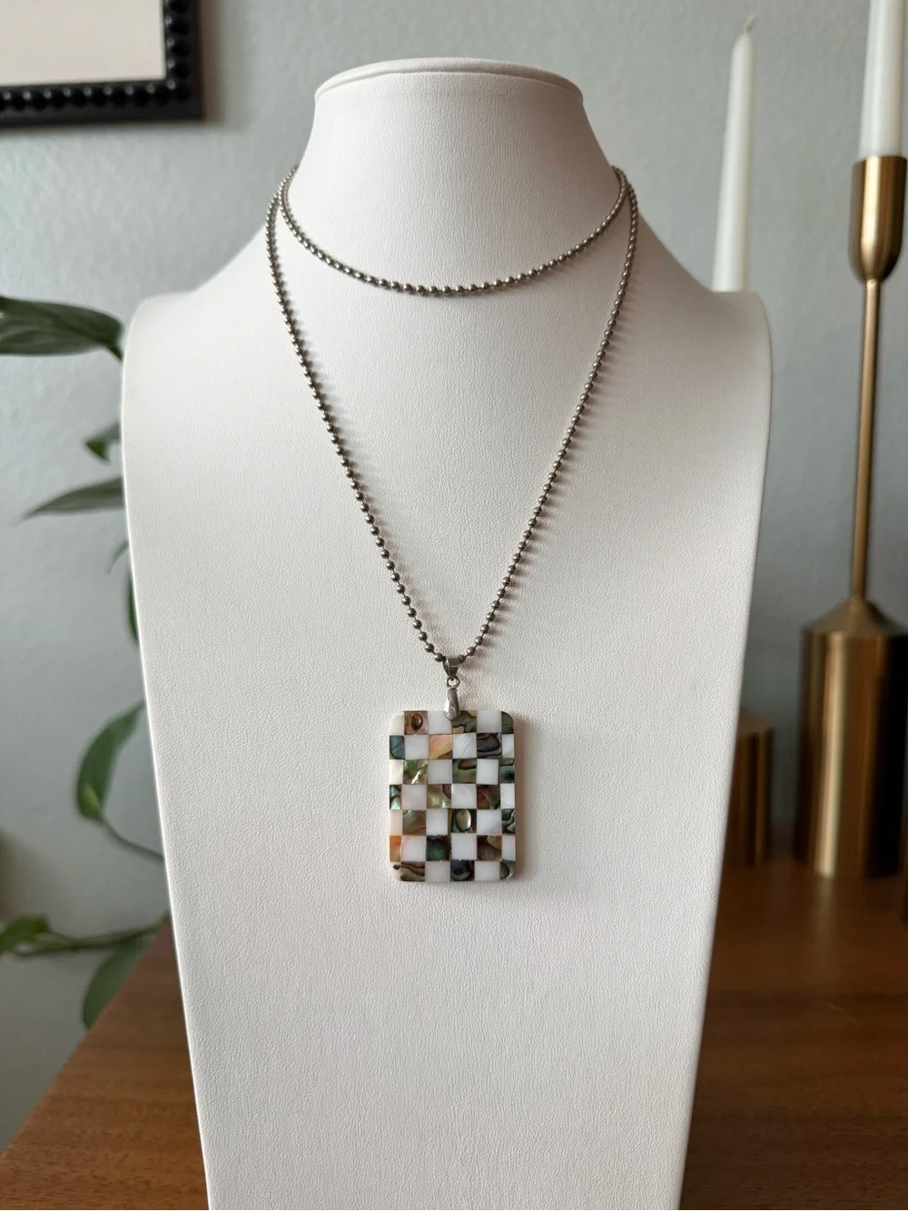 Vintage Mother-of-Pearl Abalone Checkered Pendant Necklace SilverTone Ball Chain